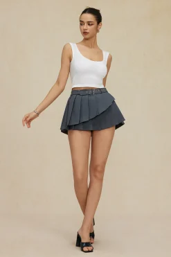 Buckle Layer Pleated Mini Skirt