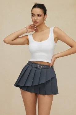 Buckle Layer Pleated Mini Skirt