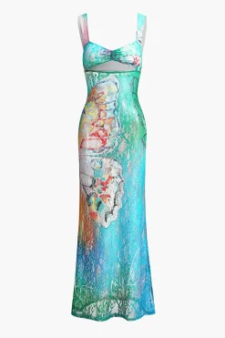 Butterfly Print Cut Out Mesh Strap Maxi Dress