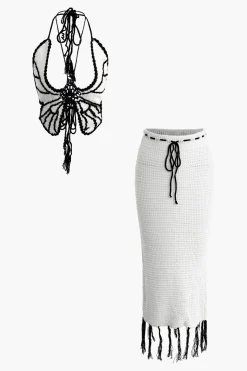 Butterfly Tie Halter Tank Top And Tassel Midi Skirt Set