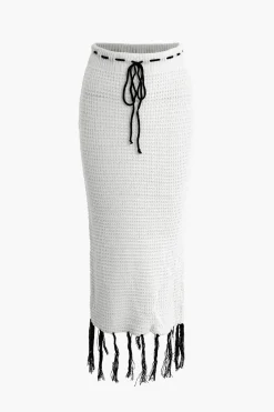 Butterfly Tie Halter Tank Top And Tassel Midi Skirt Set
