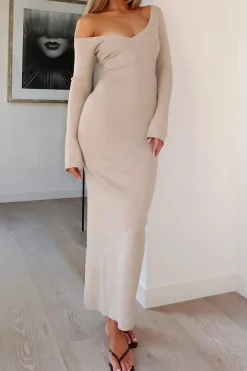 Button Asymmetric Neck Long Sleeve Maxi Dress