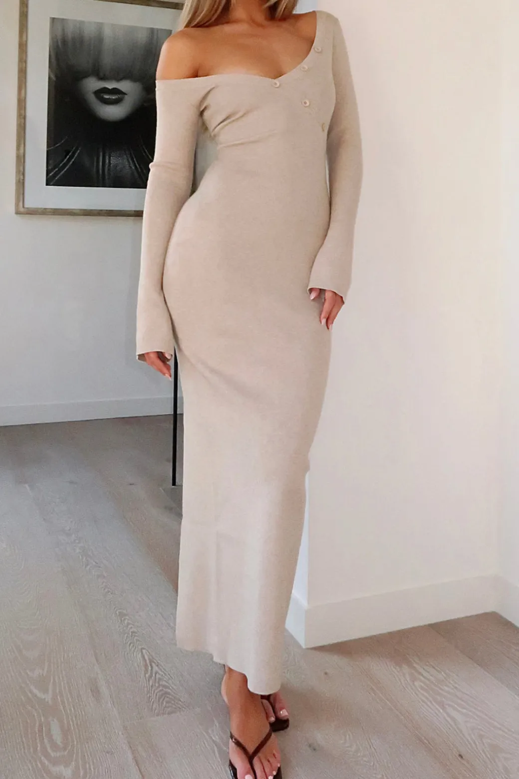 Button Asymmetric Neck Long Sleeve Maxi Dress