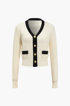 Button Color Block Sweater Long-Sleeve Top