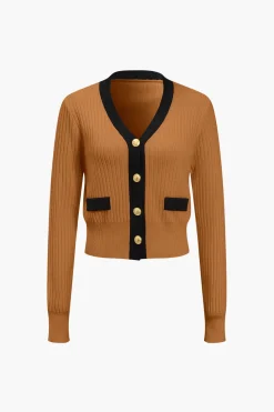 Button Color Block Sweater Long-Sleeve Top