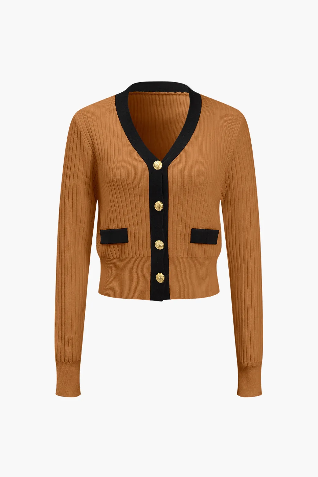 Button Color Block Sweater Long-Sleeve Top