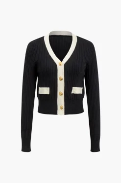 Button Color Block Sweater Long-Sleeve Top