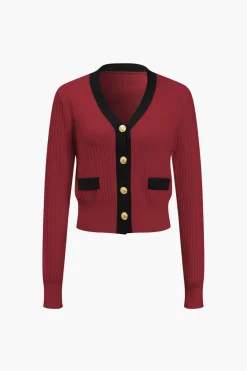 Button Color Block Sweater Long-Sleeve Top