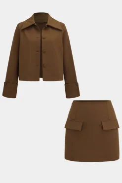 Button Detail Fake Pocket Skirt Set