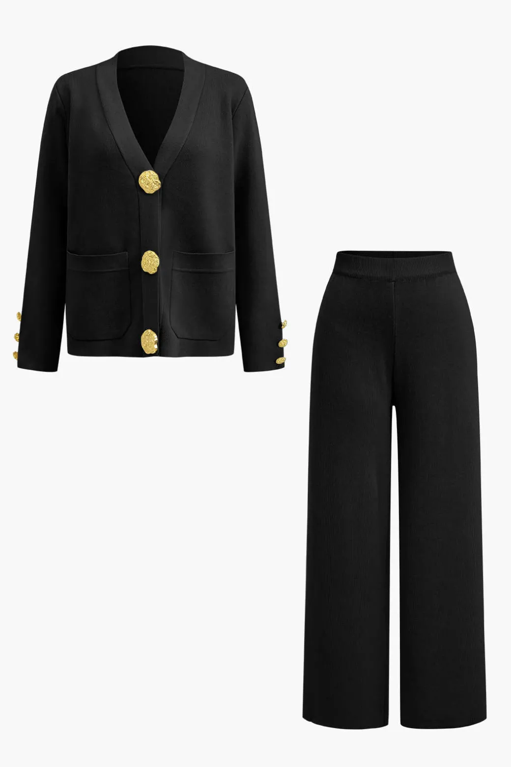 Button Detail Knit Cardigan And Wide-Leg Pants Set