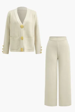 Button Detail Knit Cardigan And Wide-Leg Pants Set