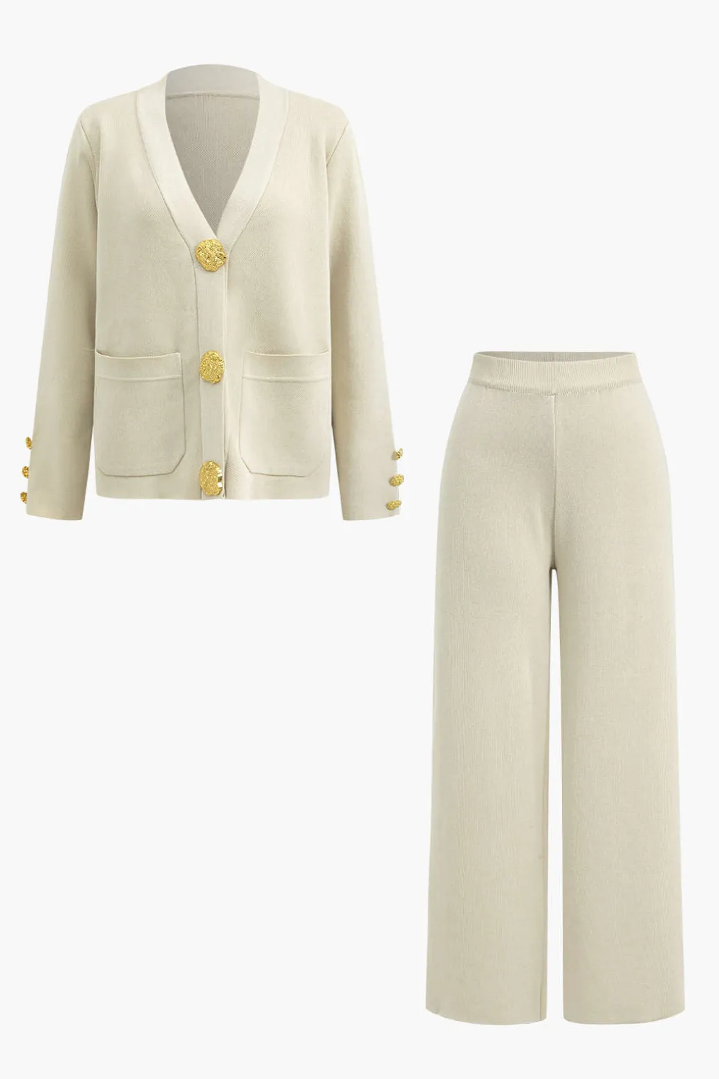 Button Detail Knit Cardigan And Wide-Leg Pants Set