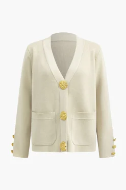 Button Detail Knit Cardigan And Wide-Leg Pants Set
