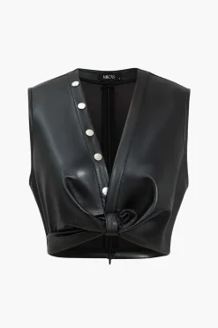 Button Detail Twist Front Faux Leather Crop Tank Top