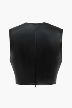 Button Detail Twist Front Faux Leather Crop Tank Top