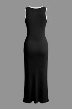 Button Front Sleeveless Ribbed Knit Maxi Dress
