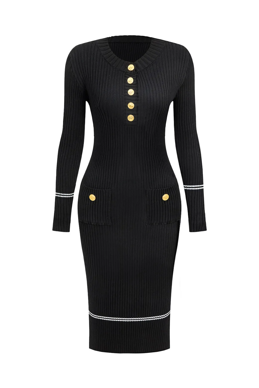 Button Knit Tie-Up Pocket Sweater Dress