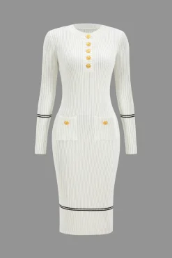Button Knit Tie-Up Pocket Sweater Dress