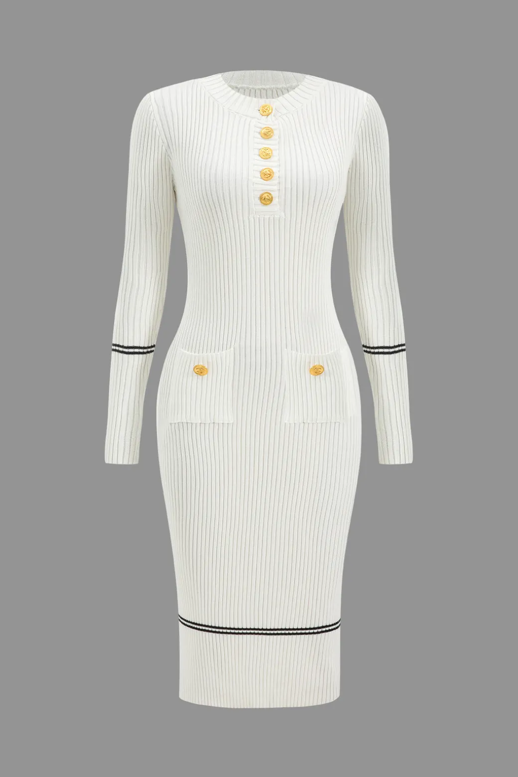 Button Knit Tie-Up Pocket Sweater Dress