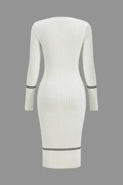 Button Knit Tie-Up Pocket Sweater Dress