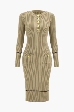 Button Knit Tie-Up Pocket Sweater Dress