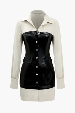Button Patchwork Faux Leather Mini Dress