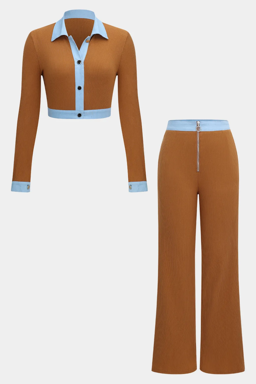 Button Patchwork Long Sleeve Top And Zipper Trousers Set