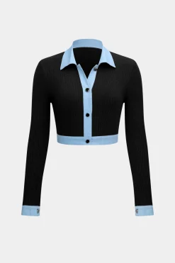 Button Patchwork Long Sleeve Top And Zipper Trousers Set