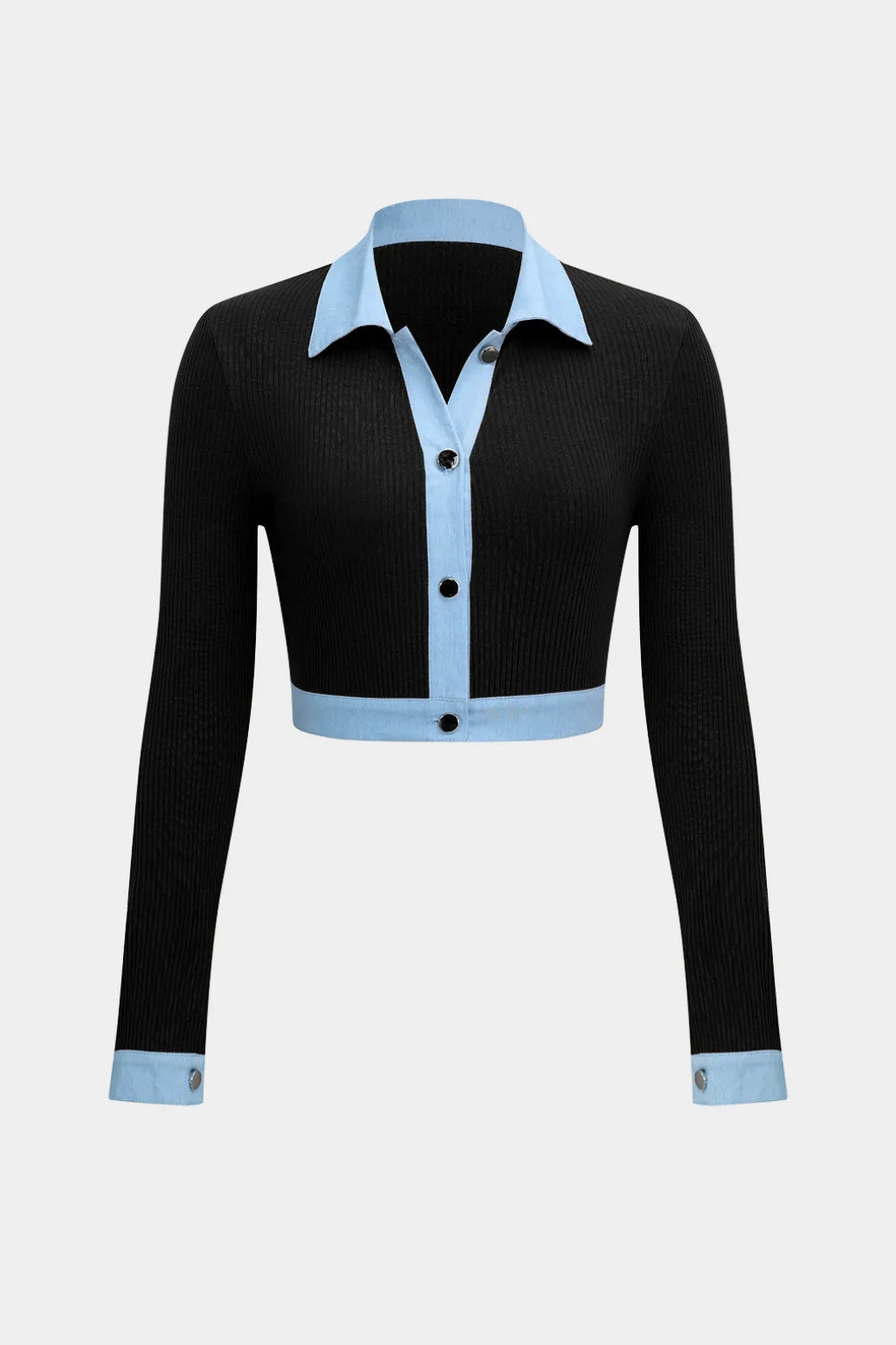 Button Patchwork Long Sleeve Top And Zipper Trousers Set