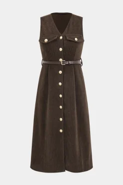 Button V-Neck Belted Long Sleeve Corduroy Maxi Dress