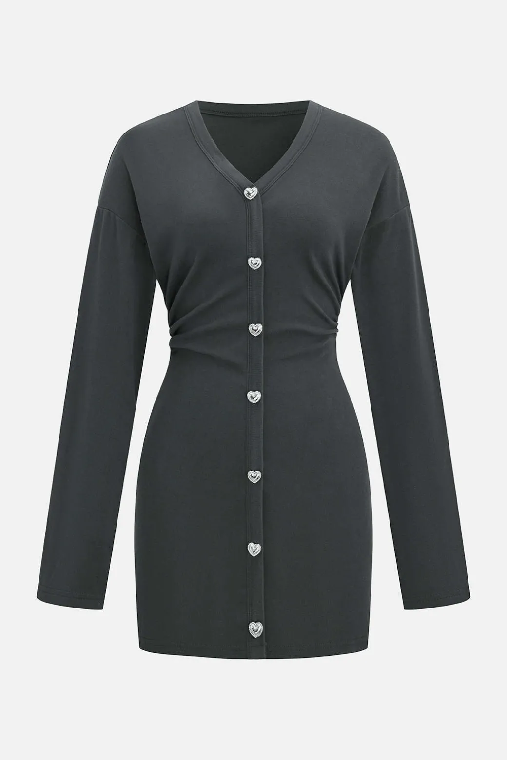 Button V-Neck Long Sleeve Mini Dress