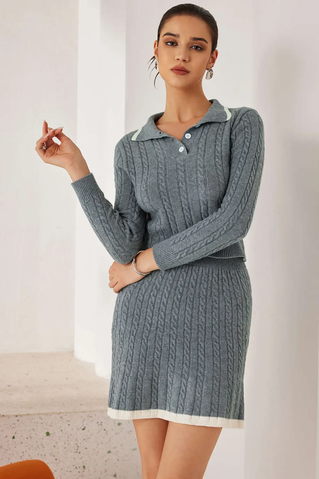 Cable Knit Color Block Skirt Set