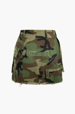 Camo Frayed Hem Cargo Skirt