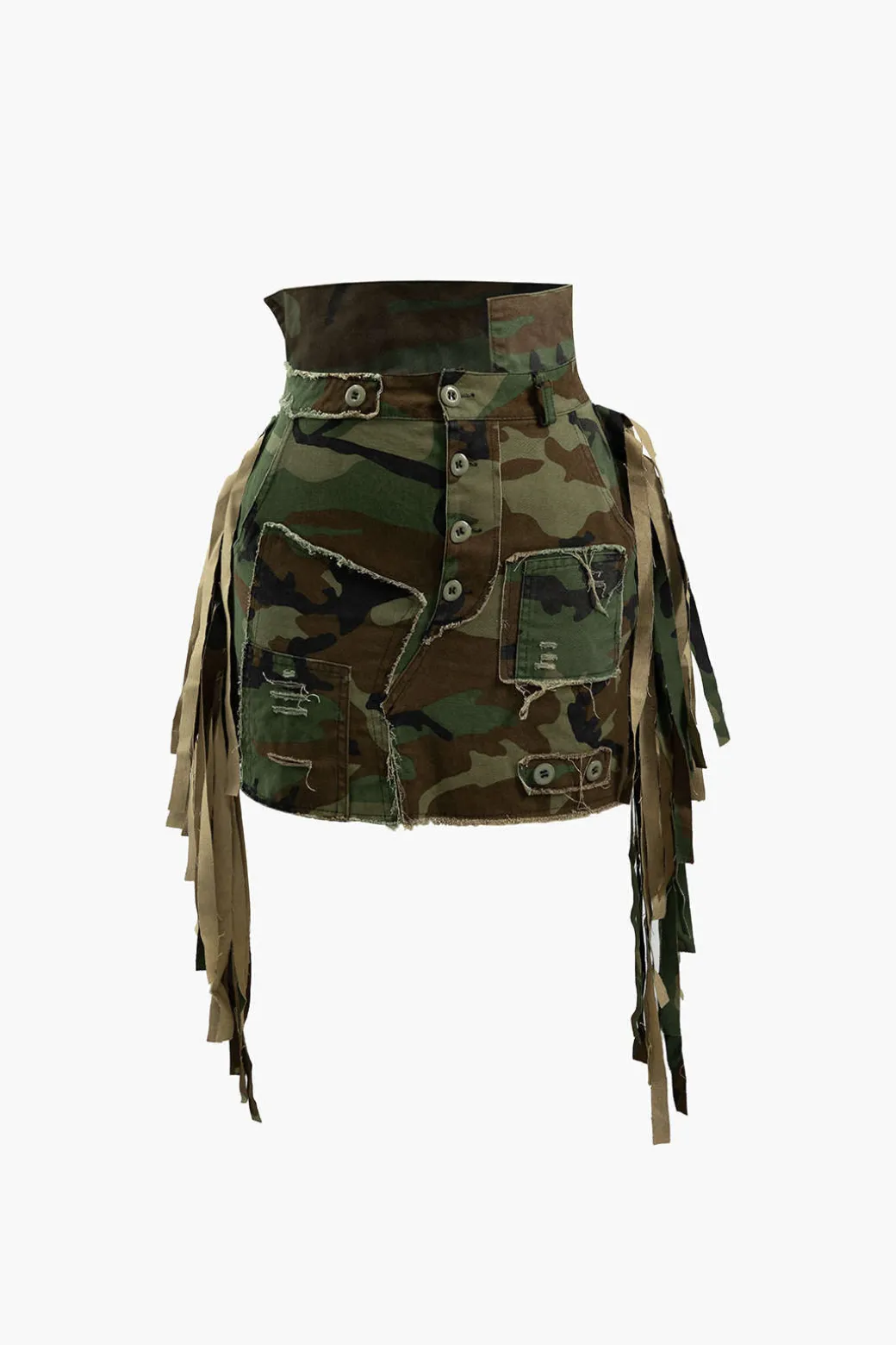Camo Frayed Patchwork Fringe Mini Skirt