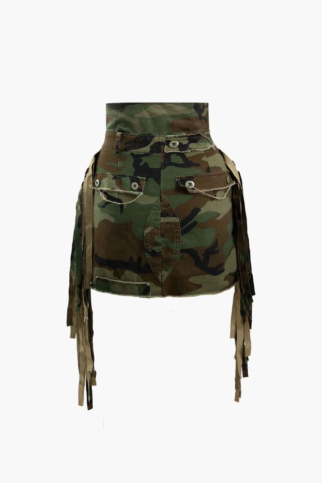 Camo Frayed Patchwork Fringe Mini Skirt