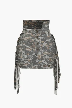 Camo Frayed Patchwork Fringe Mini Skirt