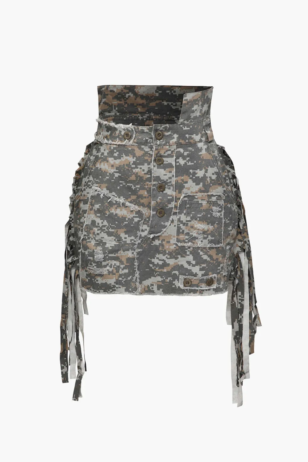 Camo Frayed Patchwork Fringe Mini Skirt