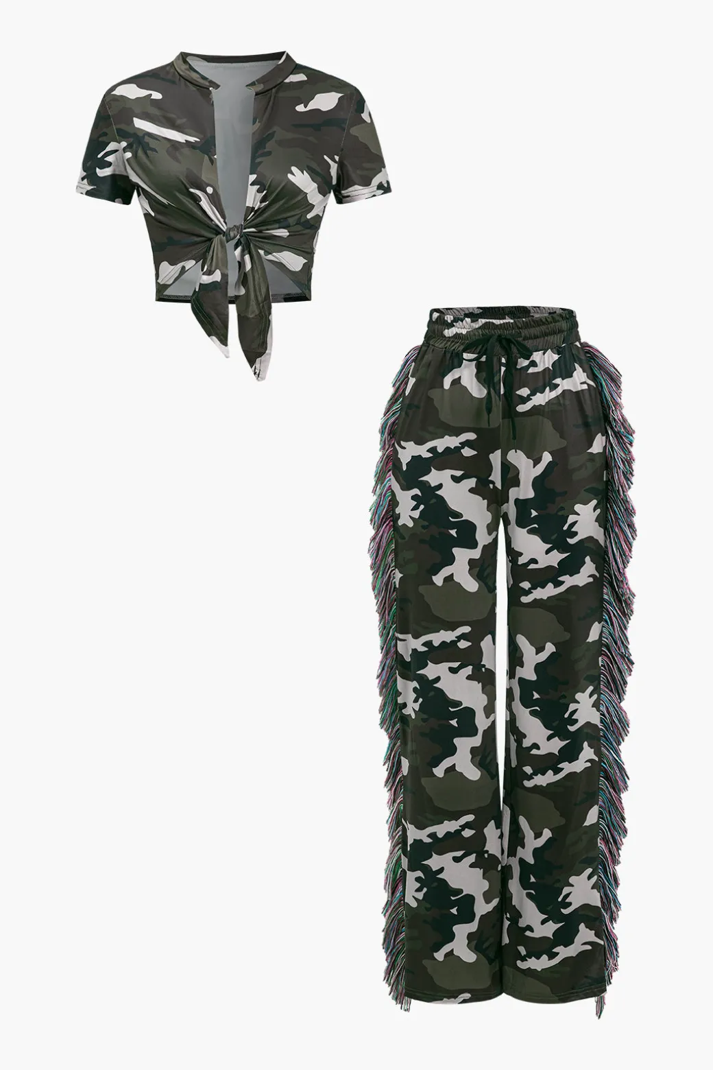 Camo Print Fringe Pocket Top And Trouser Set