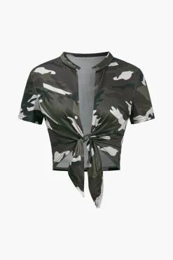 Camo Print Fringe Pocket Top And Trouser Set