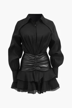 Chiffon Faux Leather Patchwork Ruffle Long Sleeve Mini Dress