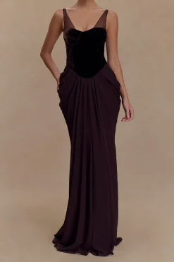 Chiffon Velvet Patchwork Ruched V-Neck Sleeveless Maxi Dress