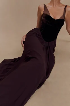Chiffon Velvet Patchwork Ruched V-Neck Sleeveless Maxi Dress