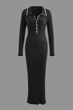 Collar Button Long Sleeve Knit Maxi Dress