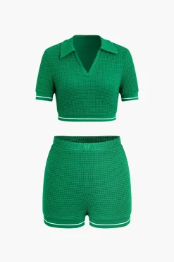 Collar Crop Top And Short Sets