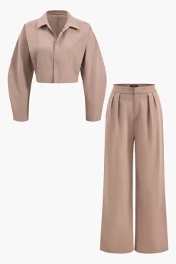 Collar Long Sleeve Crop Top And Trousers Set