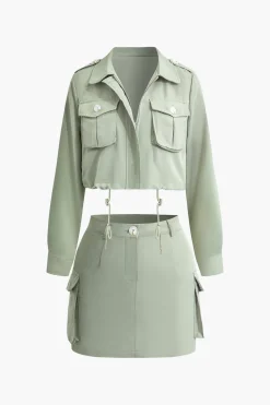 Collared Flap Pocket Drawstring Crop Top And Mini Skirt Set
