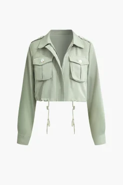 Collared Flap Pocket Drawstring Crop Top And Mini Skirt Set