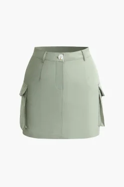 Collared Flap Pocket Drawstring Crop Top And Mini Skirt Set