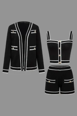 Color Block Button Cami Top And Shorts And Sweater Cardigan Set