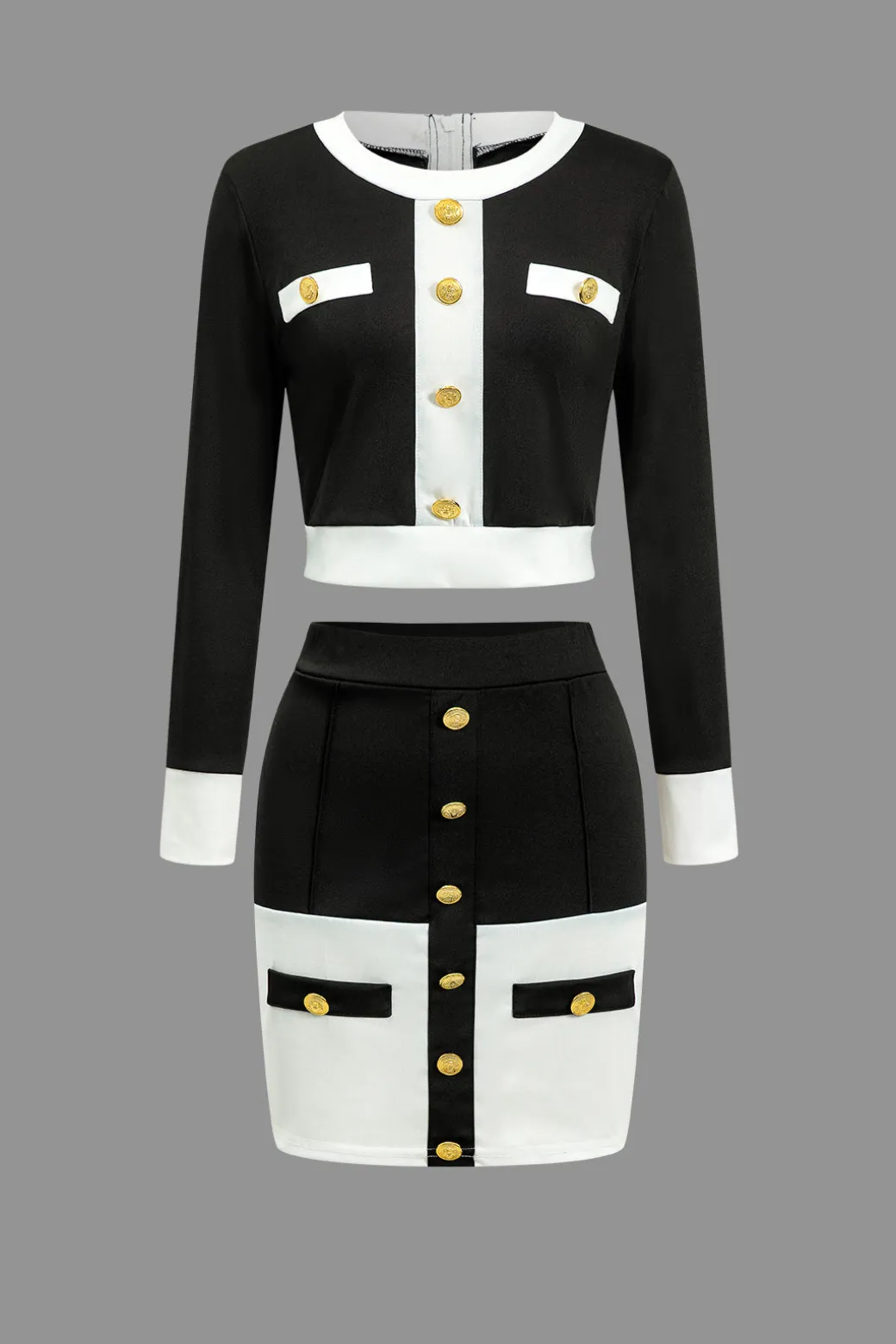 Color Block Button Pocket Skirt Set